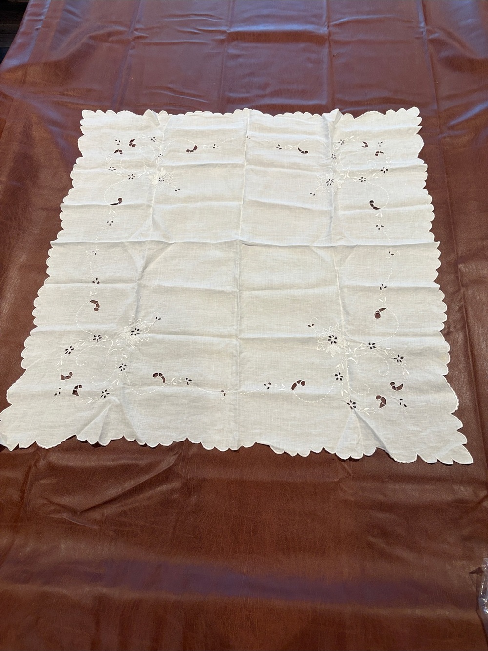 Vintage White Square embroidered table topper